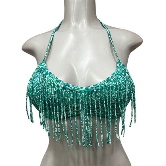 LA Hearts Swim Bikini Top Women's Large Green Abstract Halter Fringe Wireless - Picture 1 of 9